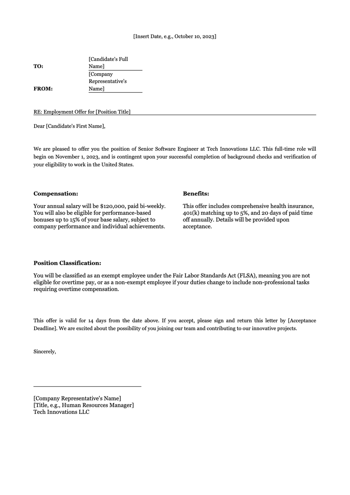 Basic job offer letter template with exempt and non exempt options_variant_1